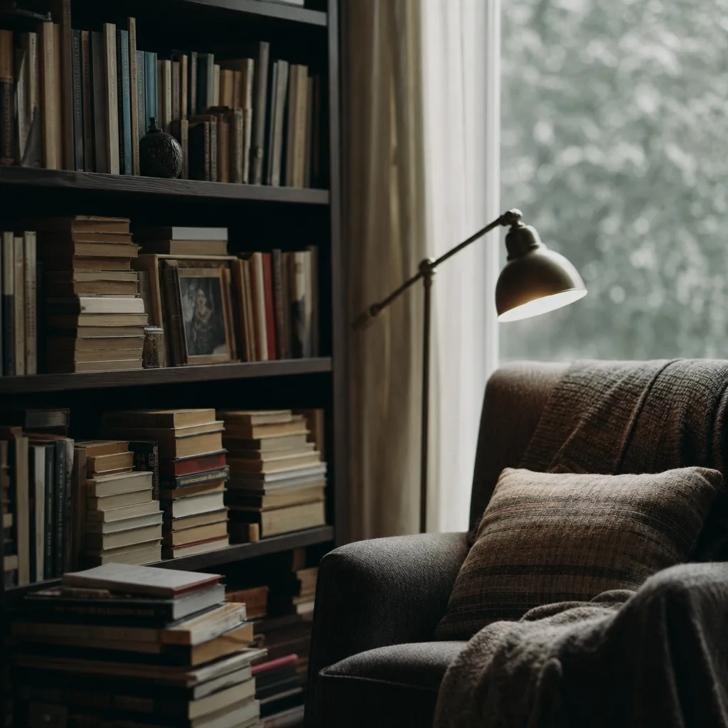 A crowded bookshelf beside a reading chair under soft lamplight