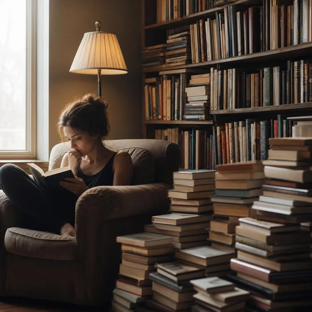 A quiet reading corner with a full bookshelf and warm lamplight