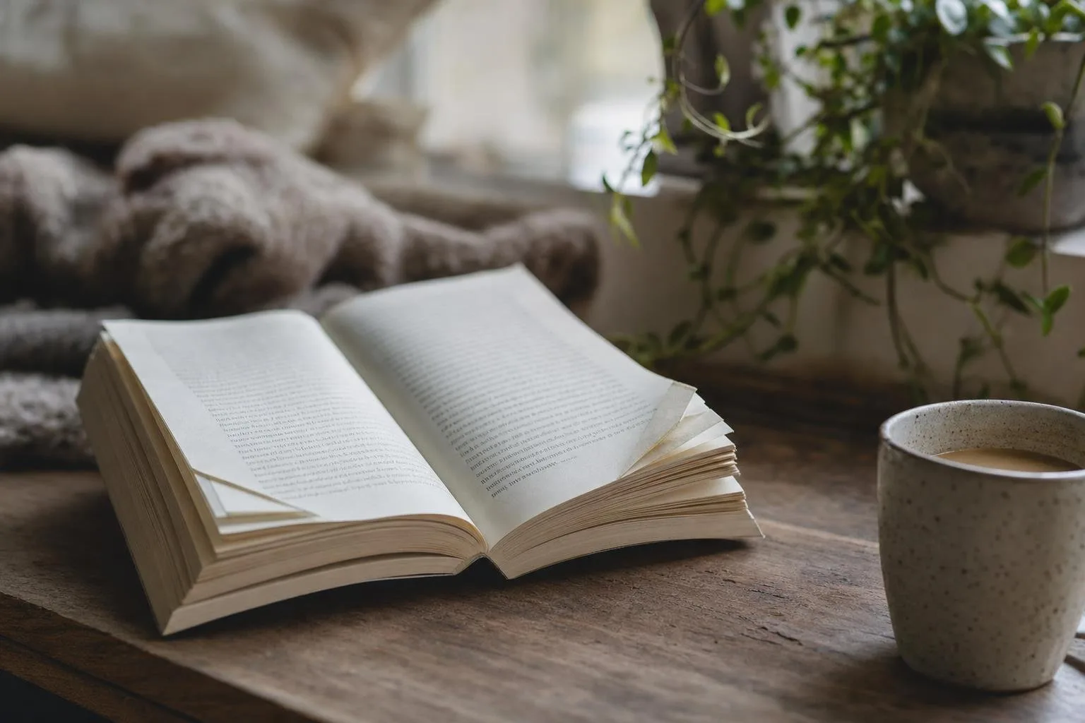 A stack of well-read paperbacks beside a mug on a sunlit windowsill