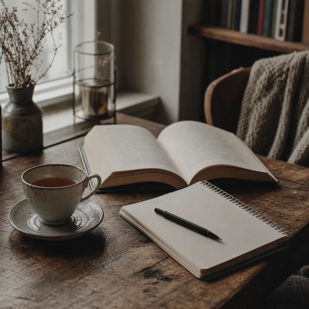 A cup of tea beside an open novel and a notebook on a wooden desk