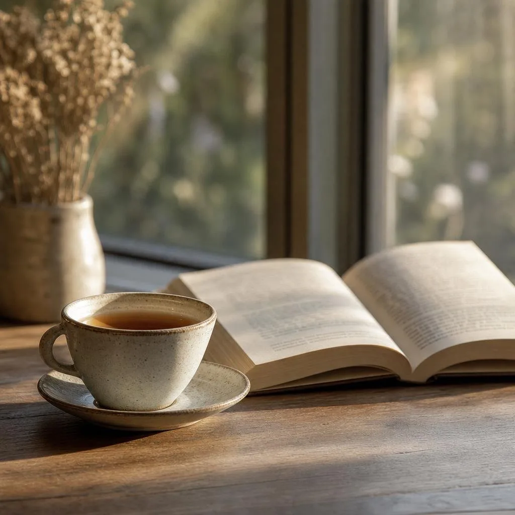 A cup of tea beside an open paperback