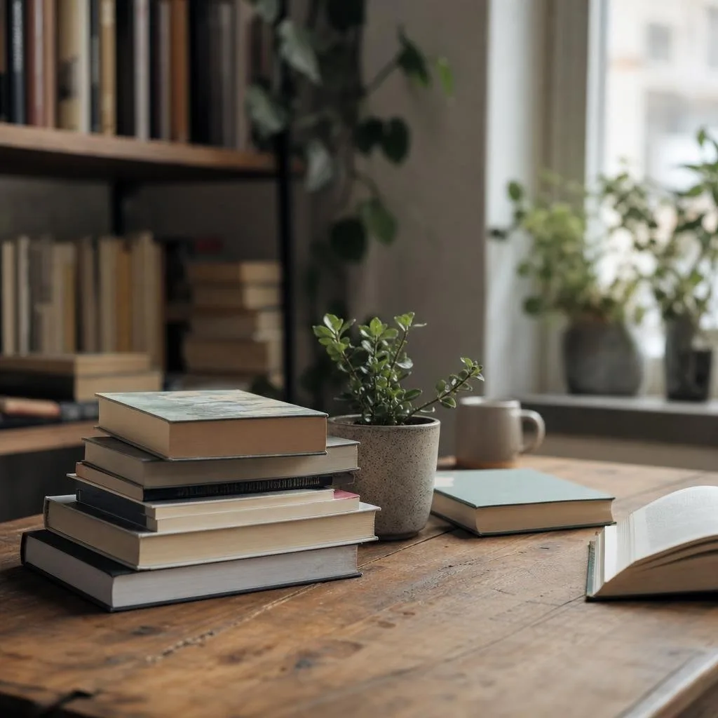A wooden desk stacked with novels and a small plant