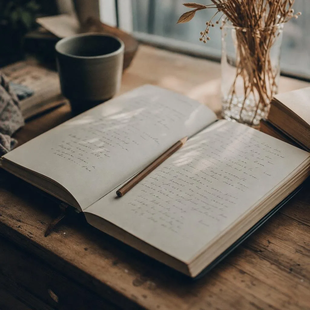 An open reading notebook with handwritten quotes and a pencil